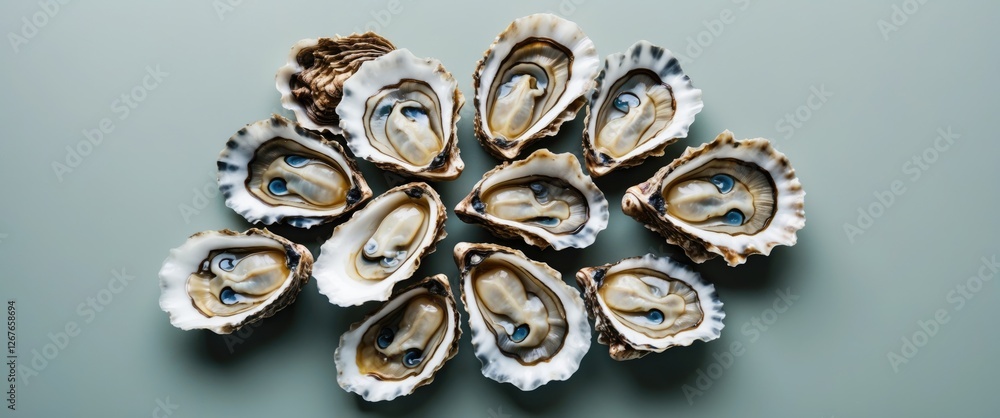 Poster freshly shucked oysters arranged symmetrically on a light background with space for text or design e