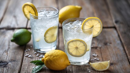 Refreshing Cold Lemonade in Glasses with Fresh Lemons on Rustic Wooden Table and Space for Text or Branding