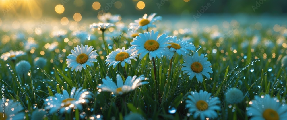 Poster daisies glimmering with dew drops in lush grass under a bokeh background evoking a serene spring mor