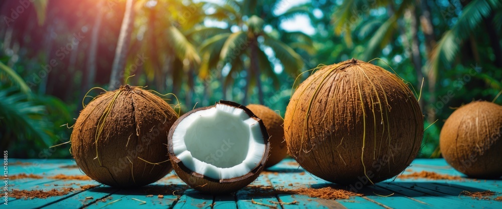 Poster coconuts on blue wooden table surrounded by tropical palm trees with copy space for text and fresh c