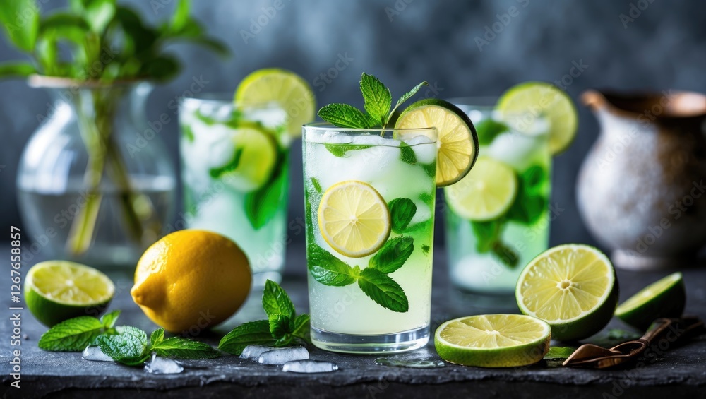 Poster refreshing mint lime lemonade with slices and garnish in glasses on a table with fresh ingredients a