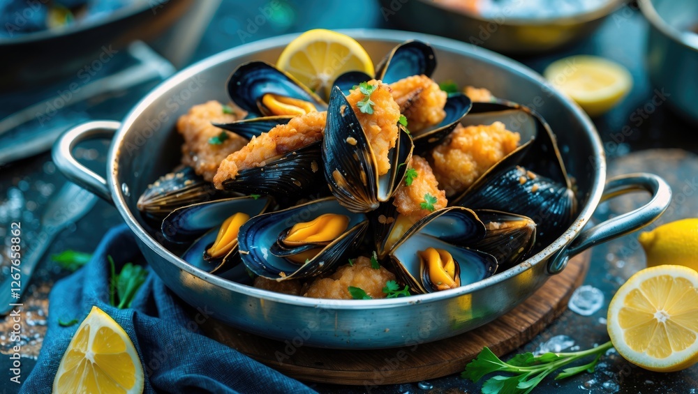 Poster crispy fried mussels with lemon garnish on rustic serving platter ideal for seafood menus and culina