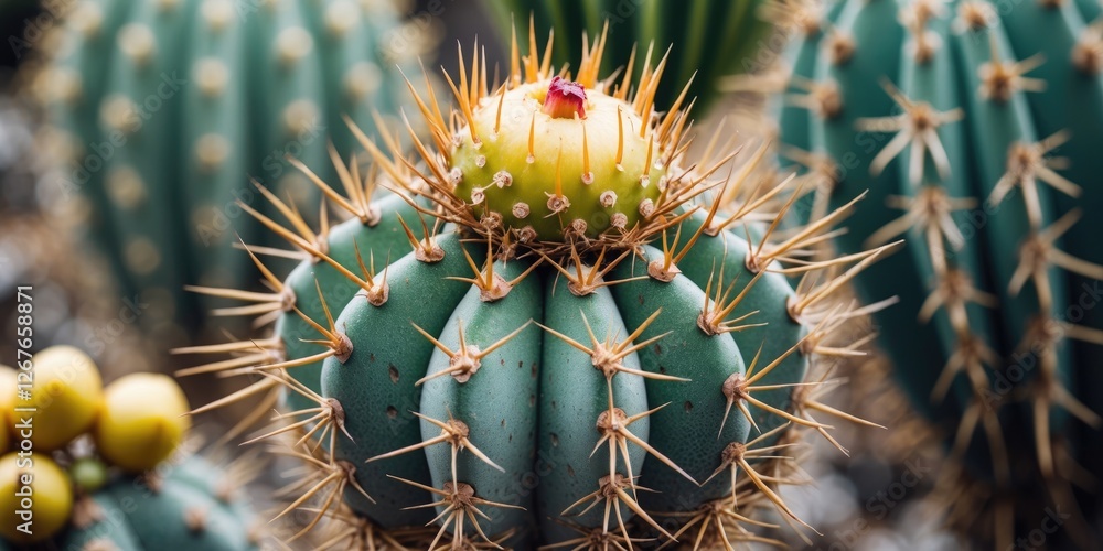 Poster close-up view of a thorny cactus with colorful fruit and blurred background for copy space and text 