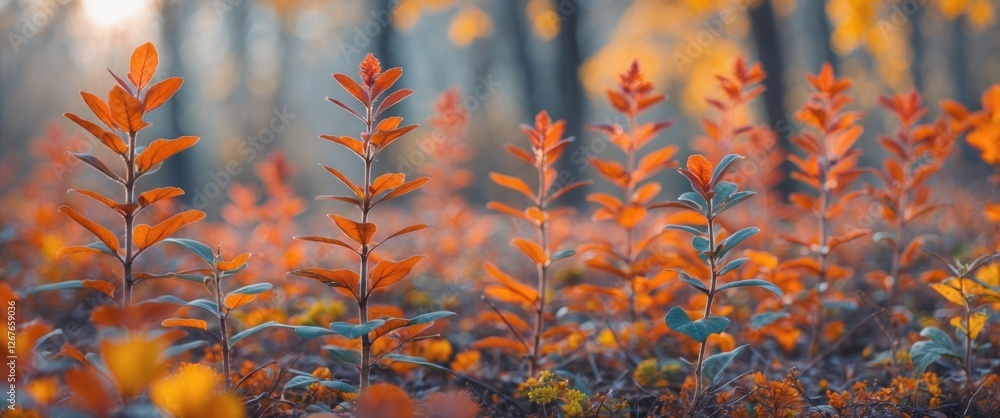 Poster autumn plants close up in a colorful forest with copy space for text or graphics in a tranquil natur