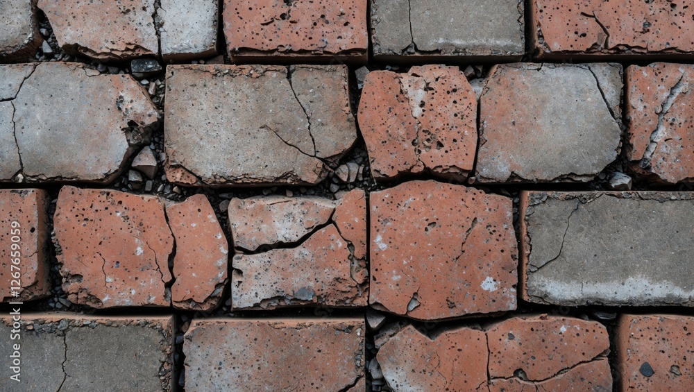 Poster cracked brick pathway surface texture with close-up detail highlighting the abstract pattern on weat