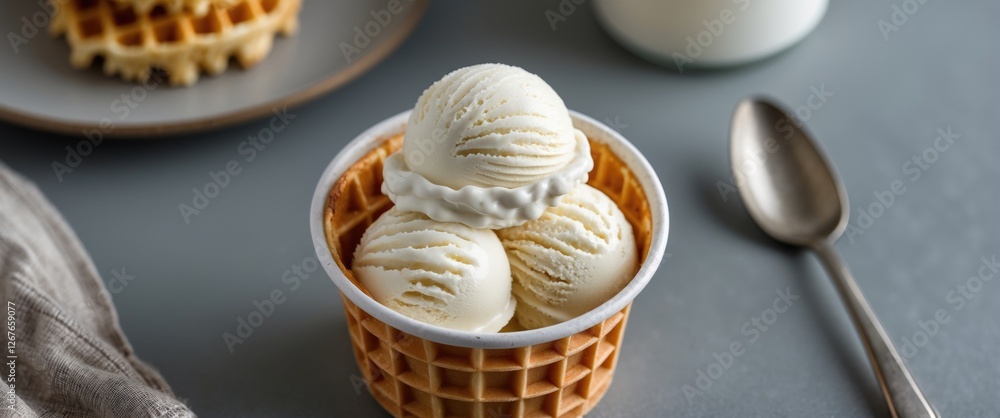 Poster Delicious Close-Up of Creamy Vanilla Ice Cream in a Waffle Cup on a Gray Table with Empty Space for Text for Food Promotions and Ads