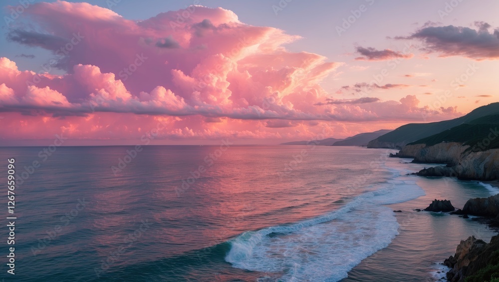 Poster serene coastal sunset over gentle waves with vibrant pink clouds and ample copy space for text or br