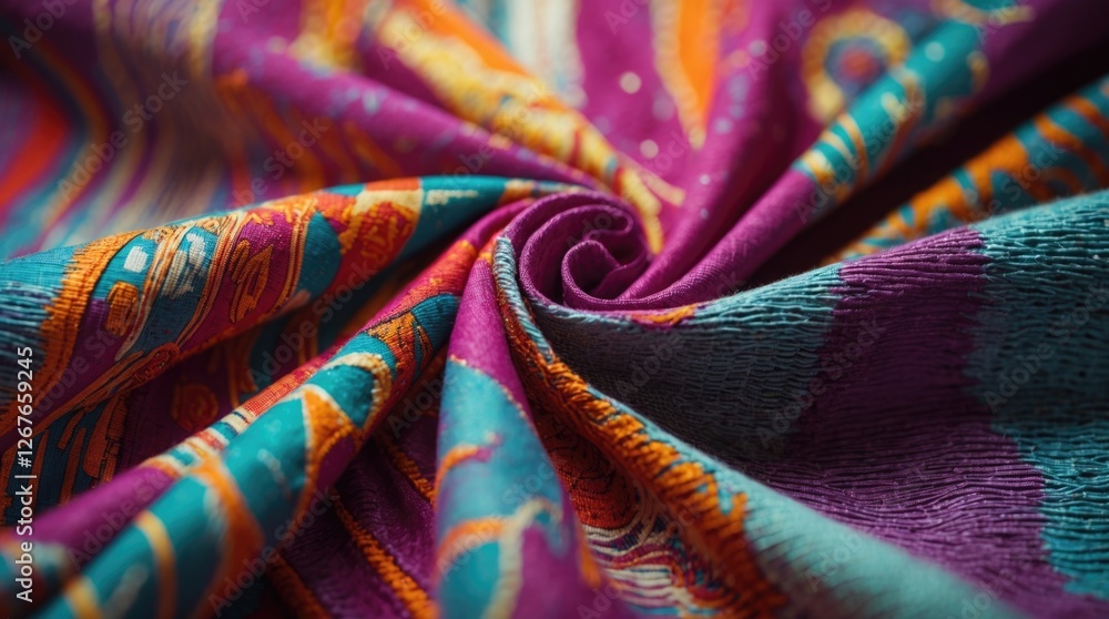 Poster vibrant textile fabric close-up showcasing intricate patterns and rich colors in a swirling design i