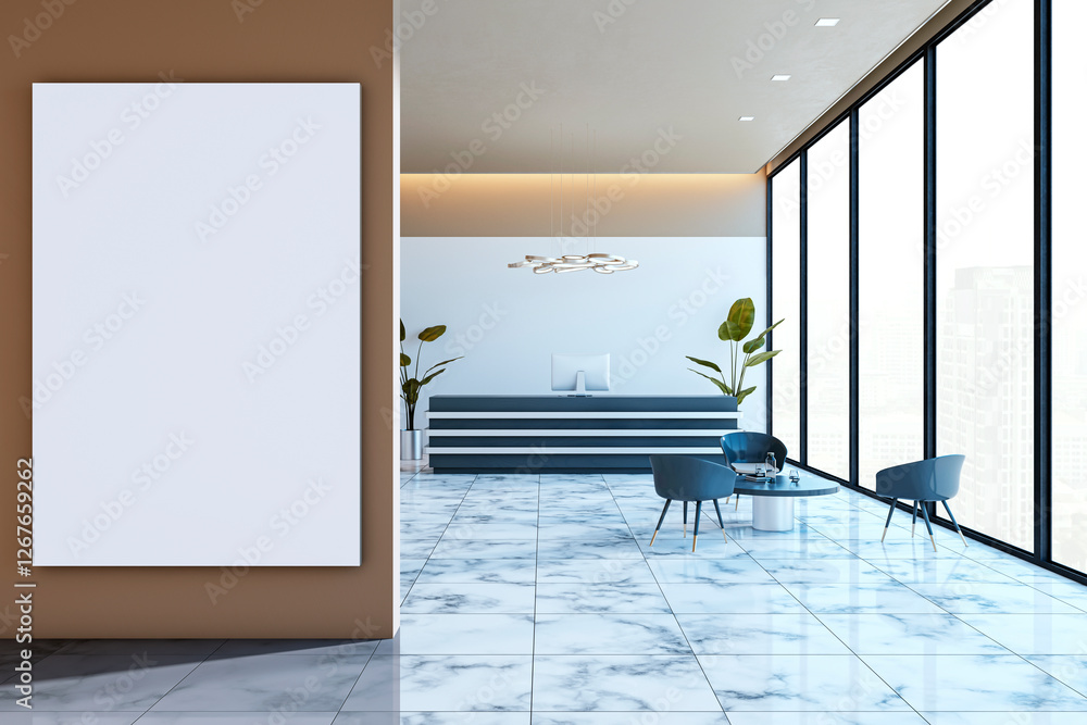 Aufkleber modern office reception with a blank wall for logo placement. 3d rendering