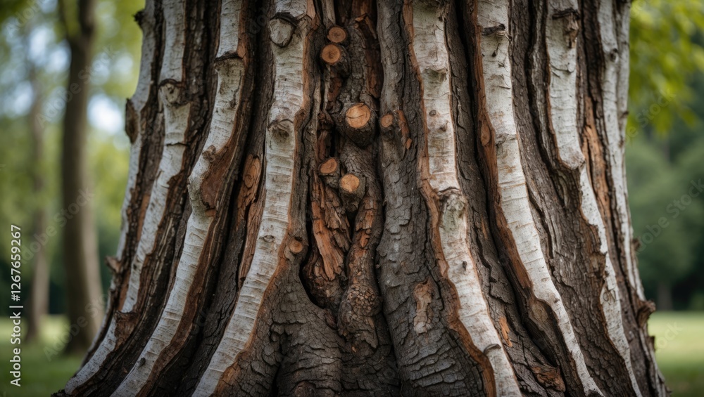 Poster close-up of a textured tree trunk highlighting bark patterns and natural details in a serene outdoor