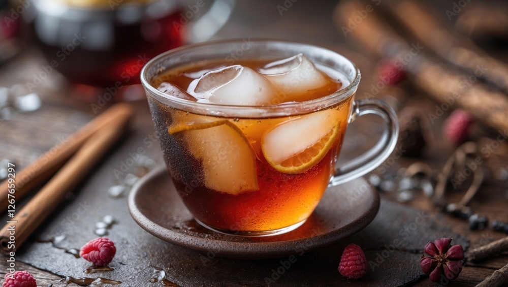 Poster refreshing cold iced tea in a glass cup with ice and lemon, displayed on a rustic wooden table with 