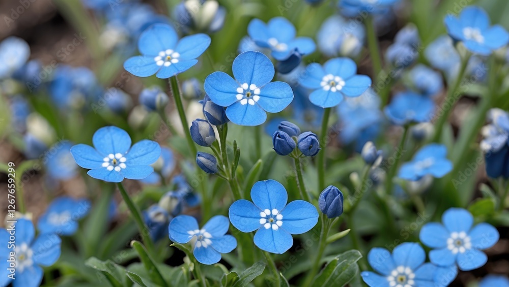 Poster vibrant close-up of blue forget-me-not flowers in bloom creating a serene garden atmosphere with spa