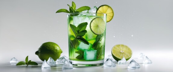 Refreshing Mojito Cocktail with Lime and Mint Garnish Served on Ice Against a Light Background