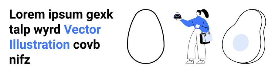 Woman holding a small food item with a bag, surrounded by abstract shapes and stylized text. Ideal for design, modern art, minimalism, branding, creativity, graphic design, flat landing page banner