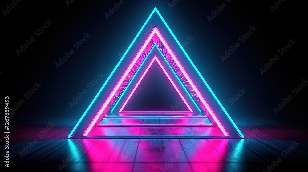 Poster glowing neon tunnel in retro 1980s synthwave with triangle shape