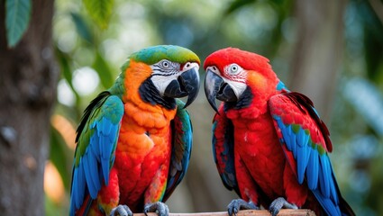 Couple of vibrant green-winged and scarlet macaws perched close together with nature background and space for text or branding.