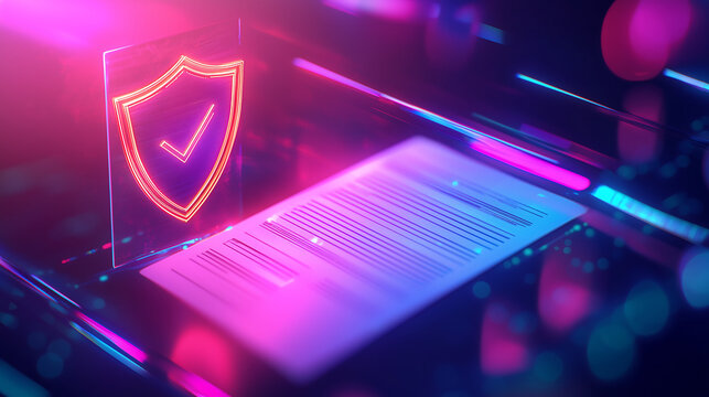 Futuristic cybersecurity insurance concept with glowing shield verification digital contract and secure document representing online data protection identity authentication and fraud prevention