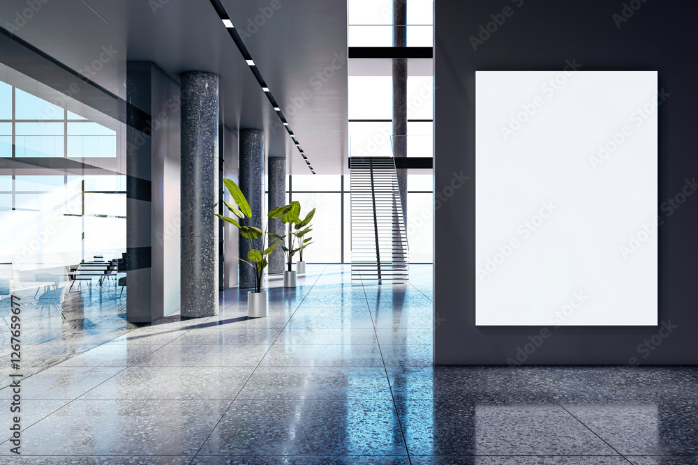 Poster modern office lobby with blank vertical poster on dark wall. 3d rendering