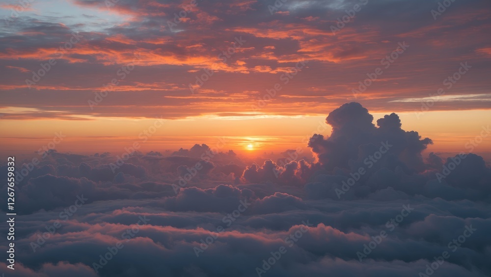 Poster serene sunset over clouds with vibrant colors and clear copy space for message or text