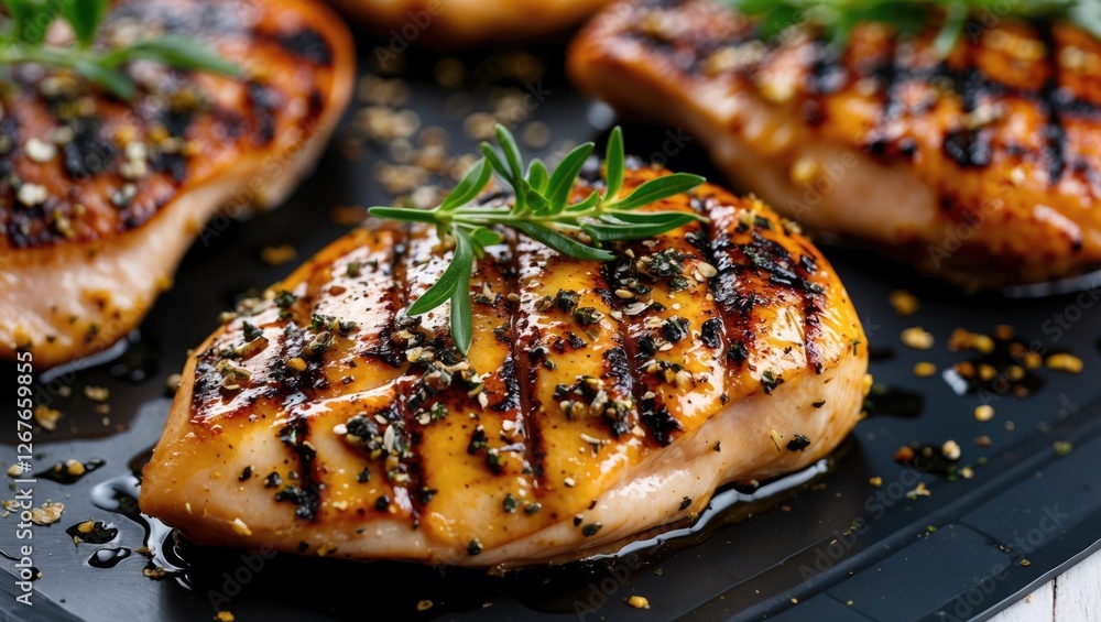 Poster Grilled Chicken Breast with Seasoning on Black Silicone Mat Fresh and Delicious Culinary Presentation for Food Photography and Recipes