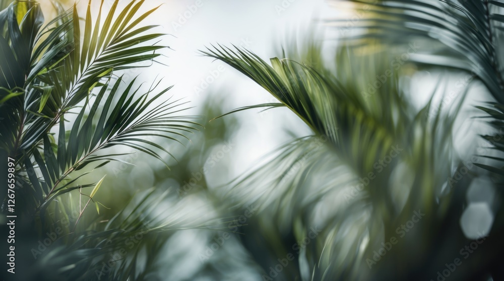 Poster tropical leaves abstract background with soft focus palm tree foliage creating a serene and lush env