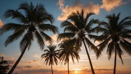 Coconut Palm Trees Silhouetted Against a Colorful Sunset Sky with Dramatic Clouds and Warm Tones in a Tropical Paradise