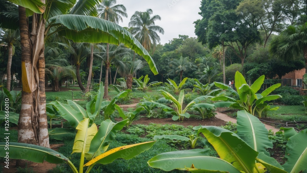 Aufkleber lush banana garden surrounded by palm trees in serene park setting with abundant greenery and open s