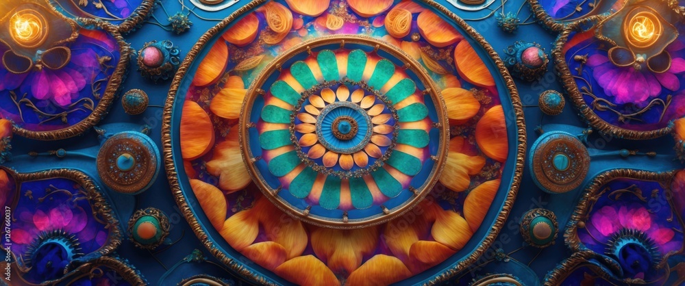 Aufkleber vibrant ornamental circular pattern with floral elements and intricate design on a colorful backgrou