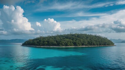 Fototapeta premium Serene Island Surrounded By Clear Blue Water Under A Cloudy Sky With Space For Your Text And Creative Ideas