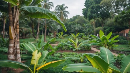 Lush Banana Garden Surrounded By Palm Trees In Serene Park Setting With Abundant Greenery And Open Space For Text Placement