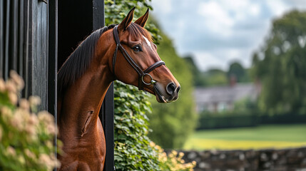 A brown horse looking out of a stable door.