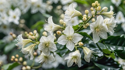 Fototapeta premium Delicate White Coffee Flowers in Bloom with Lush Green Leaves Natural Background Beauty and Aroma of Coffee Plant Blossoms