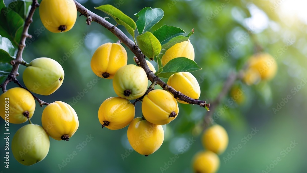 Poster vibrant yellow fruits hanging from a branch in soft focus green background with ample space for text