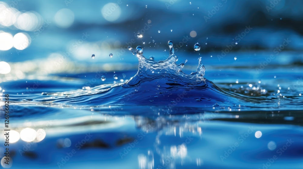 Poster closeup abstract view of water surface with droplets reflecting sunlight, creating a serene and vibr