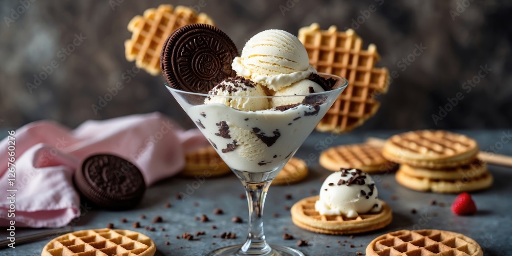Poster delicious ice cream dessert in a martini glass with waffle decorations and cookies on a rustic backg