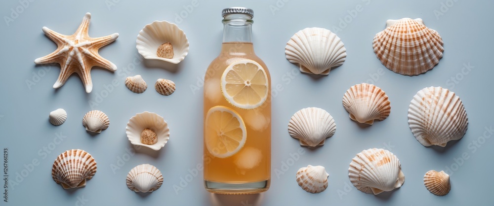 Poster refreshing lemonade in a bottle surrounded by assorted sea shells on a blue background perfect for s