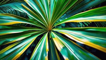 Obraz premium Tropical Palm Leaf Close-up Textures for Eco-friendly Themes and Travel Imagery in Lush Green Settings with Copy Space for Design Use