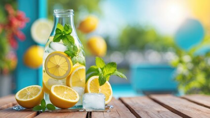 Fototapeta premium Refreshing Lemonade Infused with Fresh Fruits in a Glass Bottle Surrounded by Lemons and Mint Leaves on a Sunlit Wooden Table