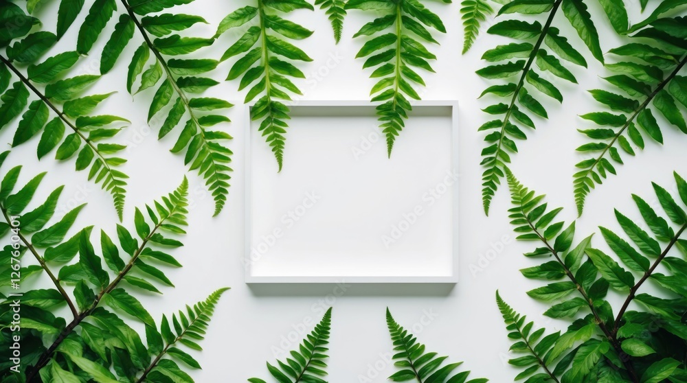 Poster fresh green fern leaves frame a blank white space creating a serene and natural backdrop for text or