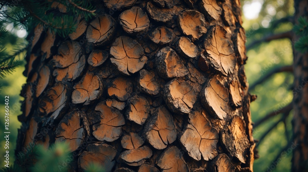 Poster detailed close-up of textured pine tree bark highlighting its patterns and natural hues in a serene 