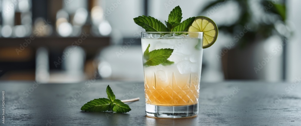 Aufkleber refreshing cocktail with mint and lime on a table with room for text showcasing beverage aesthetics 