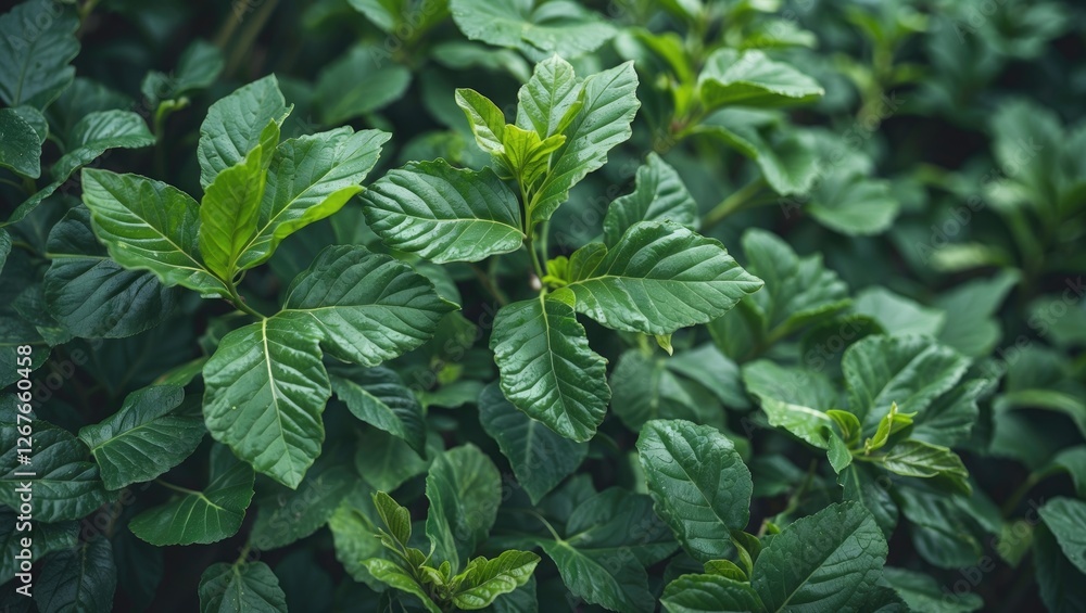 Poster lush green leaves close-up in a garden with ample copy space for text or branding elements