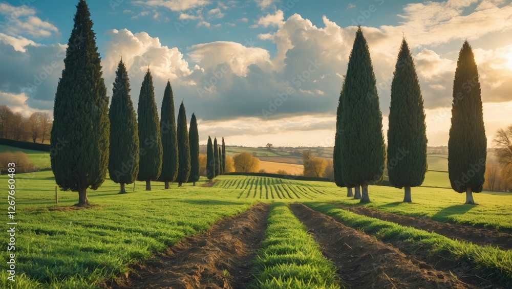 Poster countryside landscape with cypress trees and green fields under sunlight and clouds ideal for text p