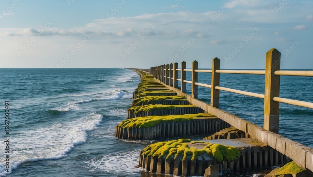 Poster coastal protection structure with groynes covered in moss under blue sky and calm ocean waves featur