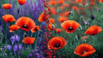Obraz premium Vibrant red poppy flowers contrast beautifully with purple wildflowers and green grass in a stunning floral landscape scene.