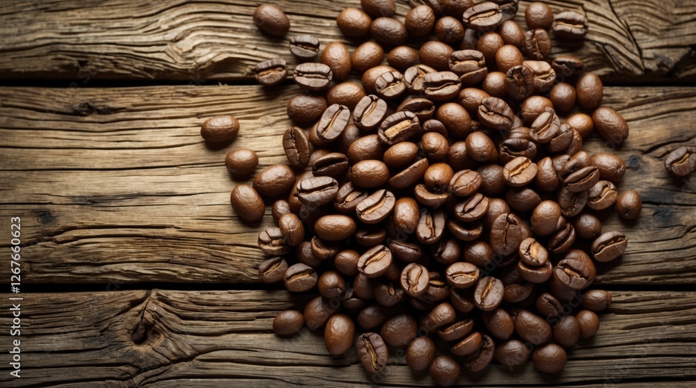 Poster coffee beans scattered on a rustic wooden tabletop creating a warm and inviting atmosphere for coffe