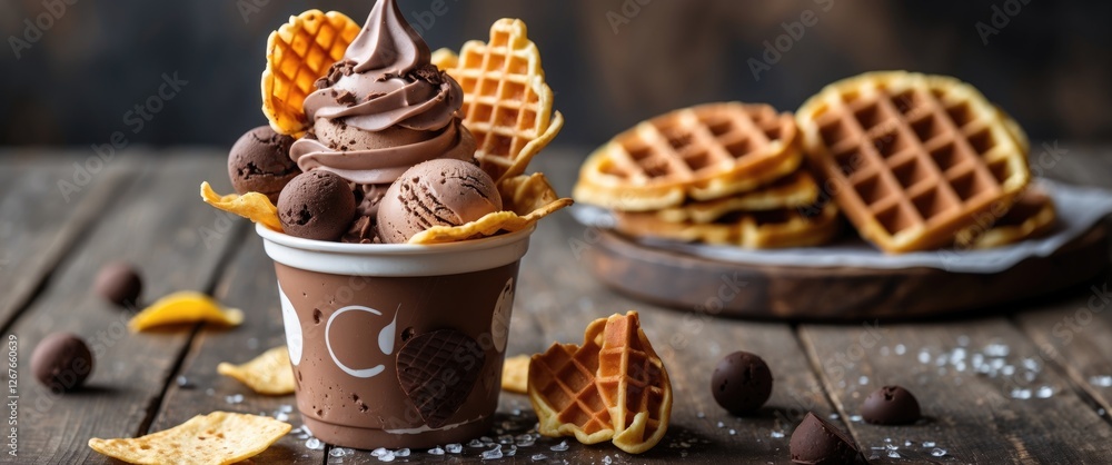 Poster choco ice cream cup with waffle and chocolate chips on wooden table with empty space for custom text