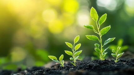 Young plants growing in soil, sunrise background, environmental growth