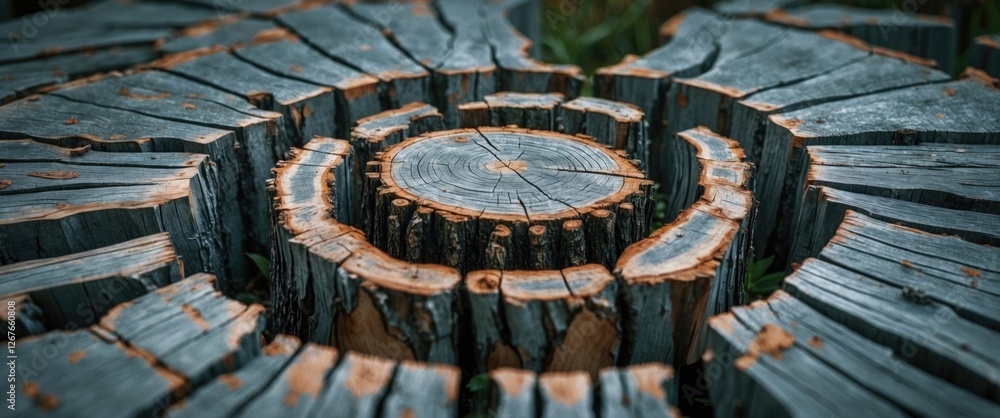 Poster detailed close-up of a circular tree stump showcasing intricate wood texture and grain pattern, emph