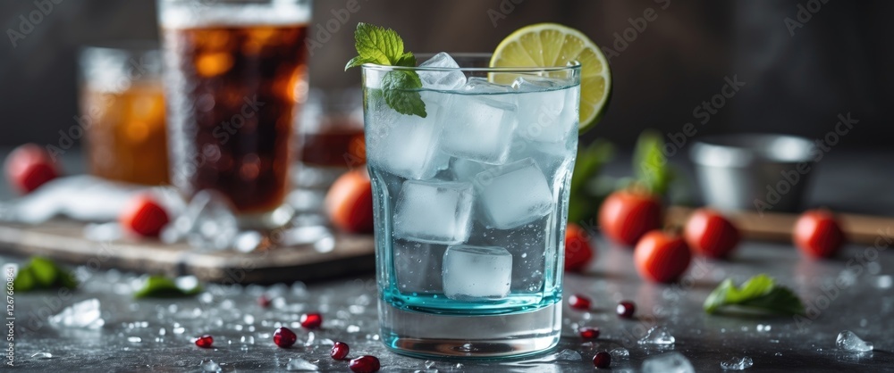 Poster refreshing cold beverage in a clear glass with ice and lemon garnish against a dark background with 